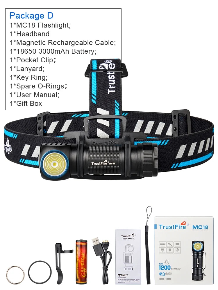 Trustfire MC18 LED Headlamp 1200lm 18650 Magnetic Rechargeable Headlight Flashlight with Power Indicator Magnet Tail for Fishing. 