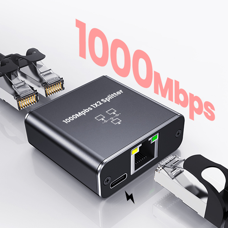 1000Mbps Ethernet Splitter 1 to 2  Network Splitter with USB Power Cable RJ45 Internet Splitter Adapter