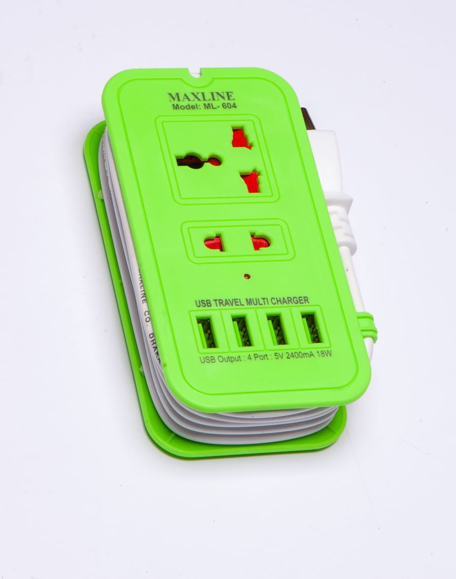 universal travel multi charger 4 USB PORT with multiplug MAXLINE ML-604 Multi-plug With 4 USB Port And 5pin Socket 6 FEET CABLE SAFETY SHUTTER MILTIPLUG FAST CHARGING