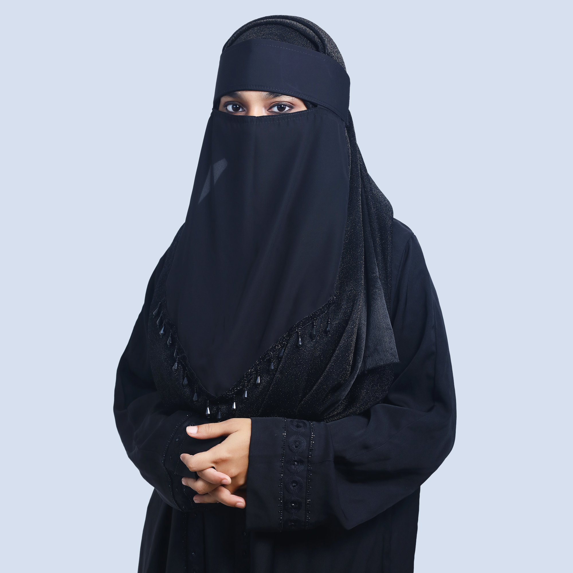 Stylish Single Layer Niqab with Sequins & Beads | Triangle Shaped | Trendy, Comfortable, Easy-to-Wear Design for Women. 
