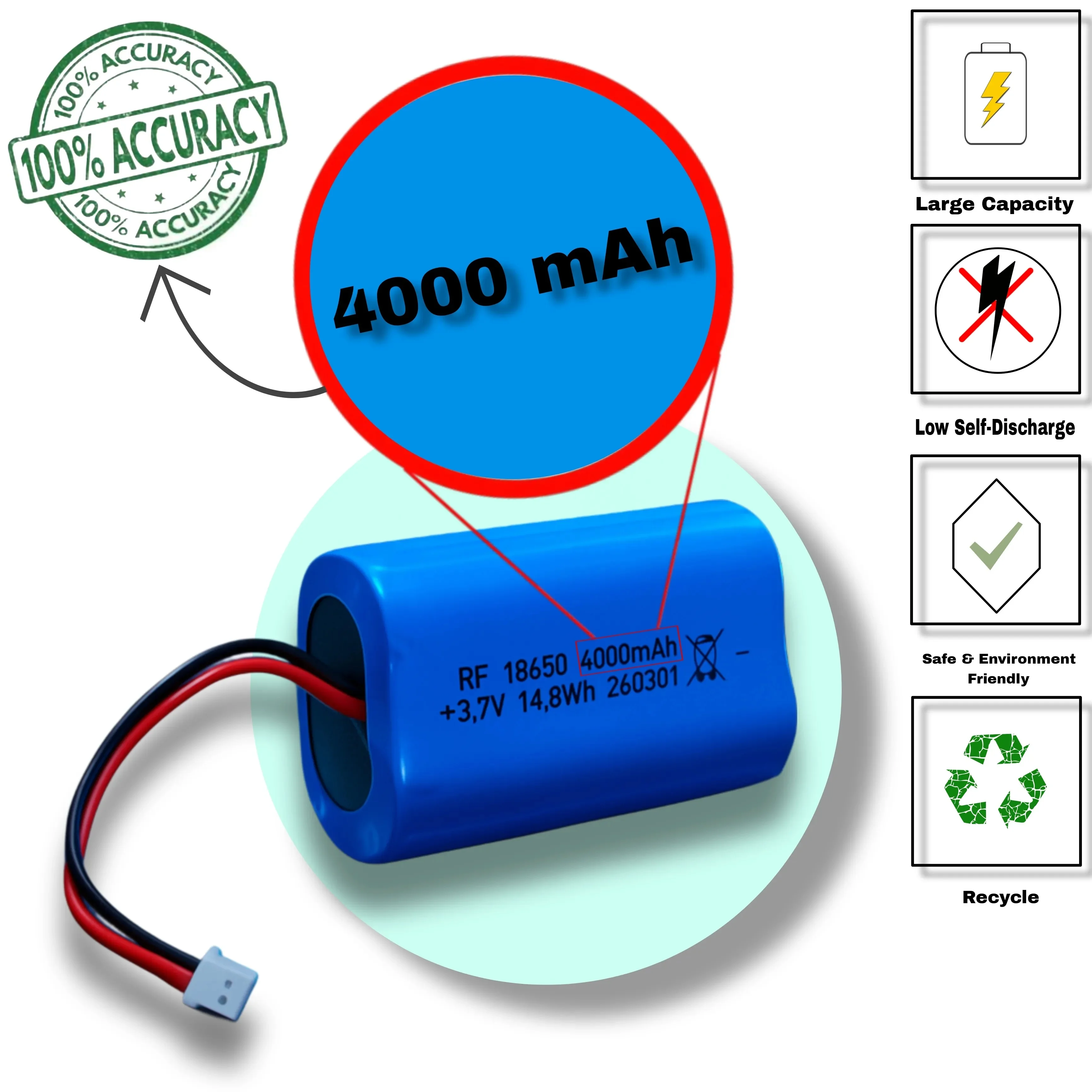 4000mAh Rechargeable Lithium-Ion Battery Pack with PH2.0mm Plug – High Capacity for DIY, Toys & Bluetooth Speakers