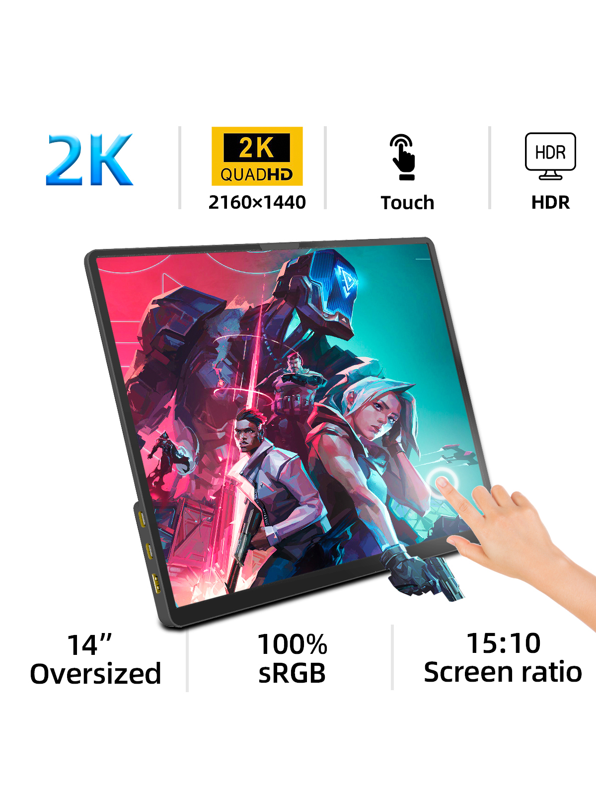 14 Inch 2K Portable Monitor 2160*1440 15: 10 IPS HDMI TYPEC  For Laptop XBox PS4/5 Switch Cell Phone Computer Extension Office. 