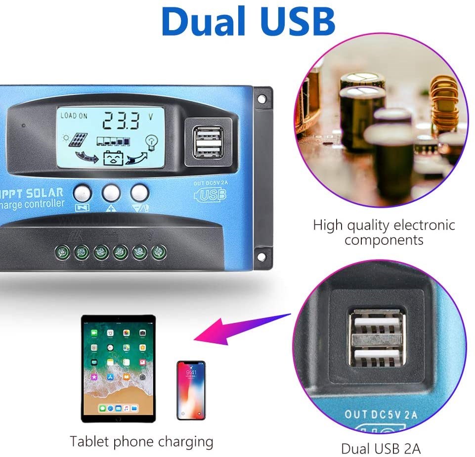 MPPT 30A 40A 50A 60A 100A Solar Charge Controller 12V/24V Solar Panel Battery Regulator Charge Controller Dual USB 5V2A Home use. 