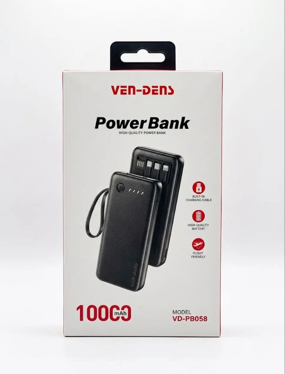 VEN-DENS 10000mAh Power Bank (VD-PB058) - বিল্ট-ইন ক্যাবলসহ হাই-কোয়ালিটি পাওয়ার ব্যাংক