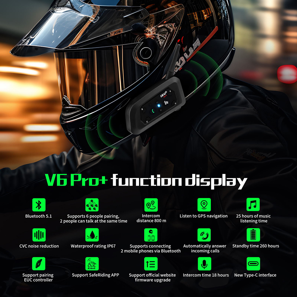 EJEAS V6 PRO +/PLUS Motorcycle Helmet Bluetooth Intercom Headset with 800M BT Interphone Communicator for 6 Riders Waterproof. 