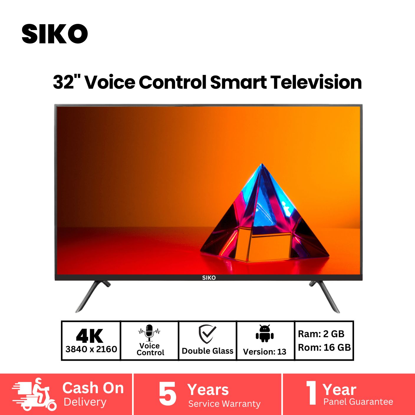 SIKO 32inch Tempered Glass Voice Control Smart Television. 2GB Ram 16GB Rom Android Verison-13 Processor 4 Core. Soundbar System  And Voice Control Television With Google Assistant. Model: 32D7. 