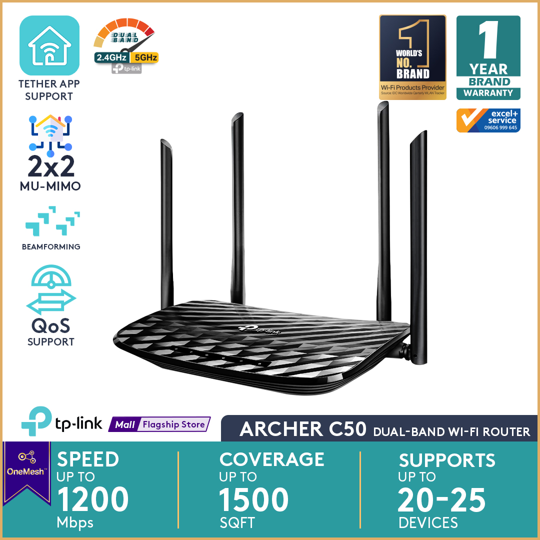 TP-Link Archer C50 Black AC1200 Wi-Fi Dual Band Router, 4 x 10/100 Mbps Fast Ethernet Ports, Supports MU-MIMO, Beamforming, Guest WiFi, Access Point Mode, IPv6 and Parental Controls
