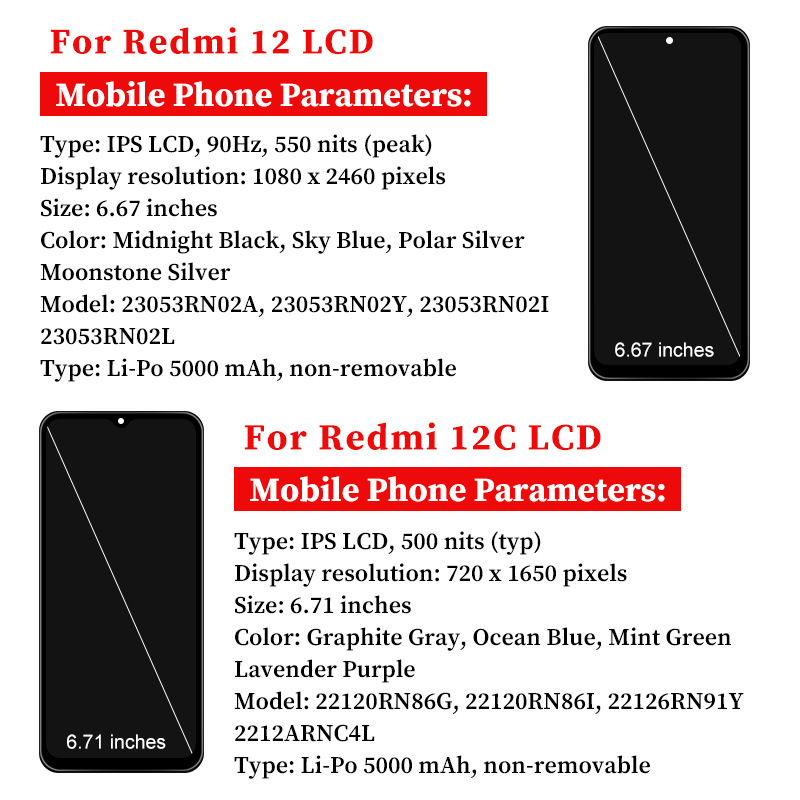 For Xiaomi  Redmi 12 LCD Display Touch Screen Digitizer For Redmi 12C LCD Display POCO C55 22120RN86G 22120RN86I Replacement. 