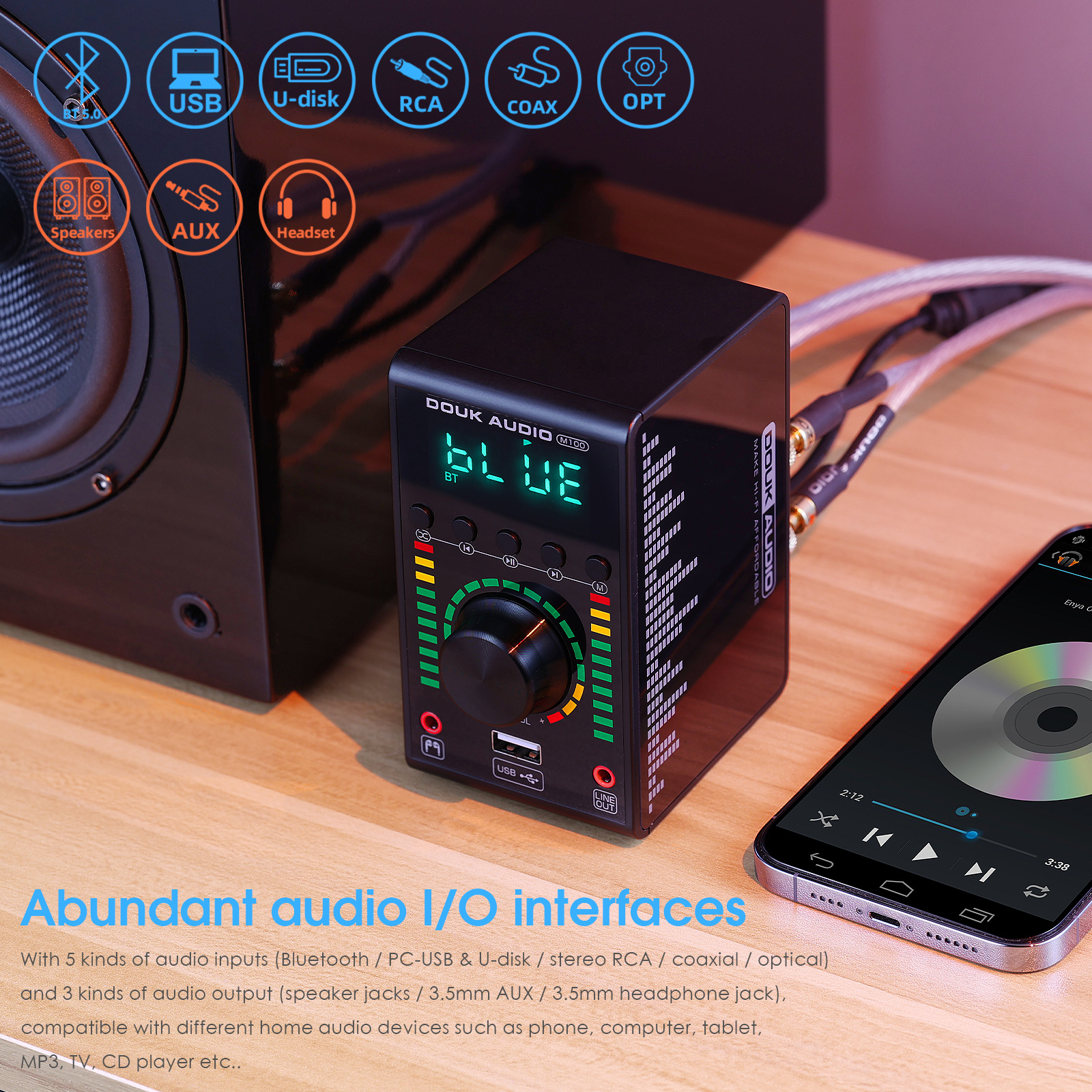 Douk Audio Mini Digital Amplifier COAX / OPT Integrated Bluetooth 5.0 Amp Home/Car/Marine Audio Amp USB Player 24B/192K. 