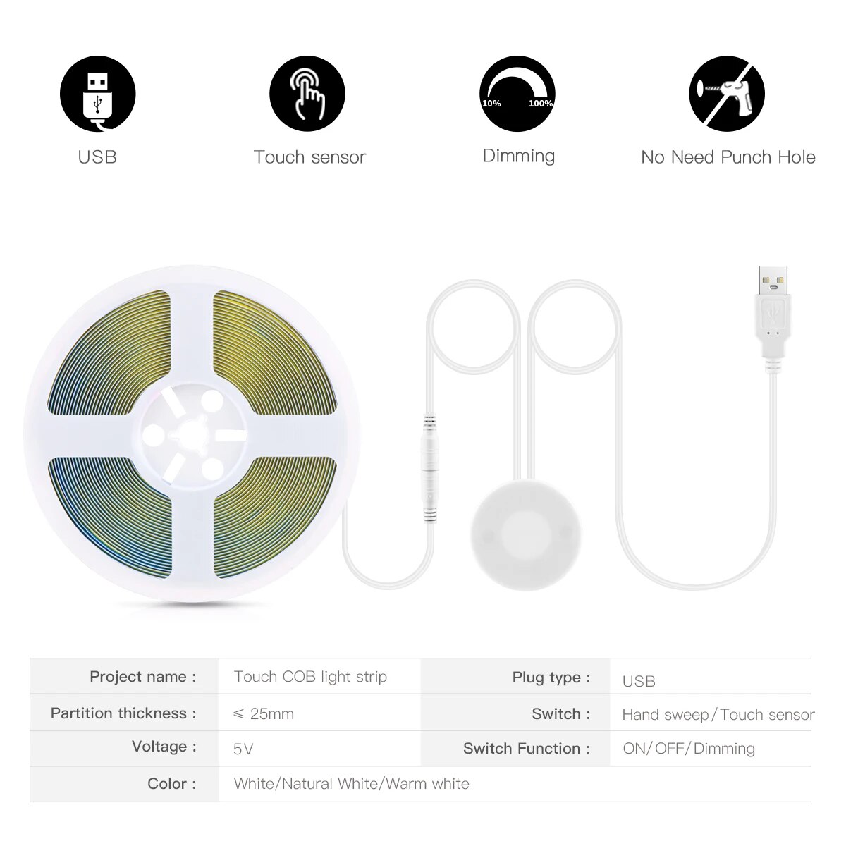 Dimmable USB 5V LED Under Cabinet Light COB Strip With Penetrable Wood Mirror Hand Scan Touch Sensor Switch DIY Kitchen Lighting. 