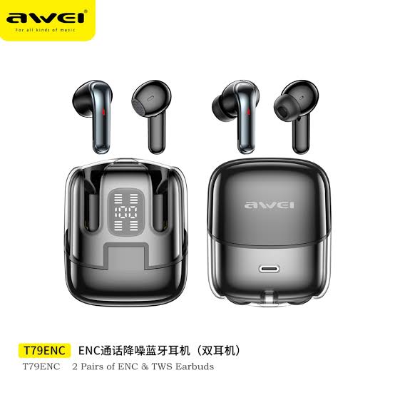AWEI T79 TWS ENC 2 Pair Original Heavy Bass In-ear Semi-in-ear Dual Mode ENC Smart Noise Cancelling True Wireless Bluetooth Earbuds- Fiction Tech. 