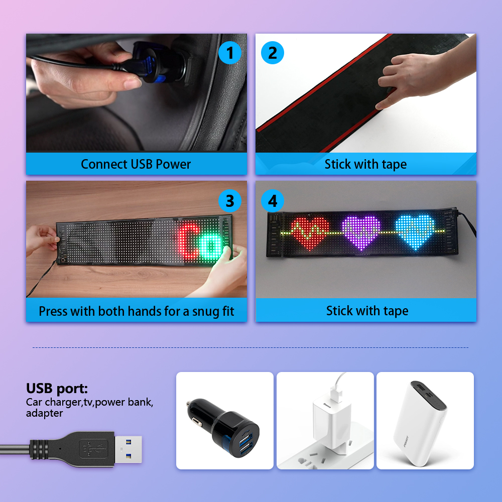 LED Matrix Pixel Panel, Scrolling Bright Advertising LED Signs, Flexible USB 5V LED Car Sign Bluetooth App Control. 