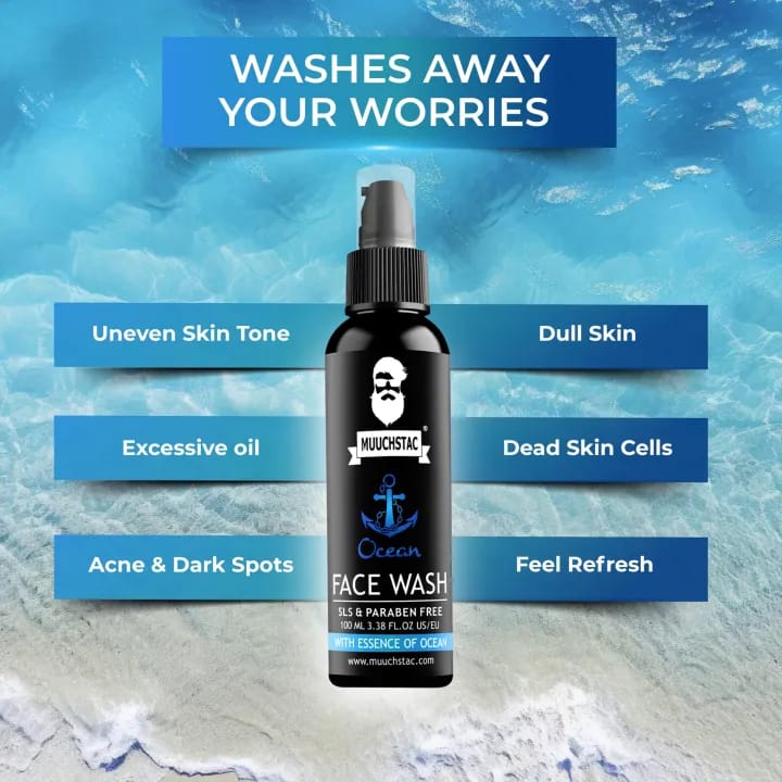 Muuchstac Ocean Face Wash for Men | Fight Acne & Pimples, Brighten Skin, Clears Dirt, Oil Control, Refreshing Feel - Multi-Action Formula | 100 ml Ocean Foam Face Wash For Men Deep Cleansing Fighting Acne & Pimple Skin Brightening 100ml Muuchstac Ocean Fo. 